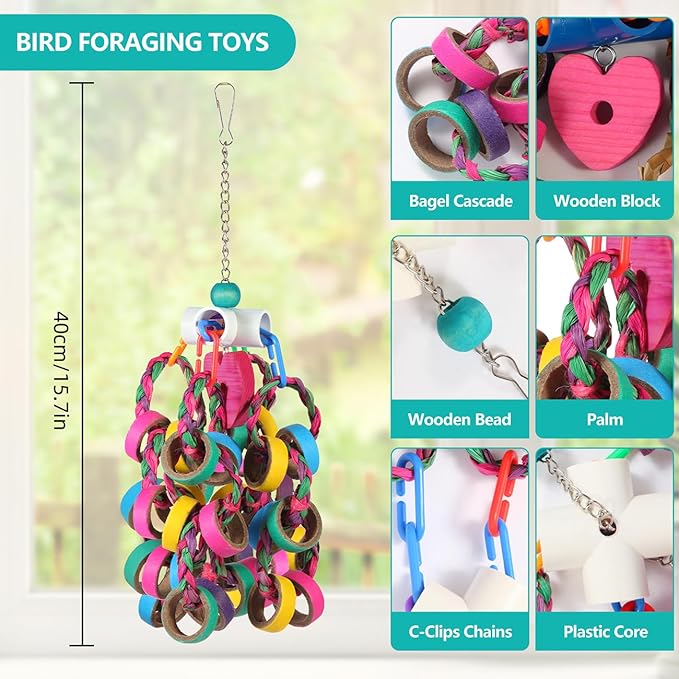 lovyoCoCo Bird Toys Conure Toys,Bird Parrot Foraging Shredder 24 Pcs Colorful Bagel Chewy Rings for Small Parrots Parakeets Conures Cockatiels Love Bird Cage Accessies (W)