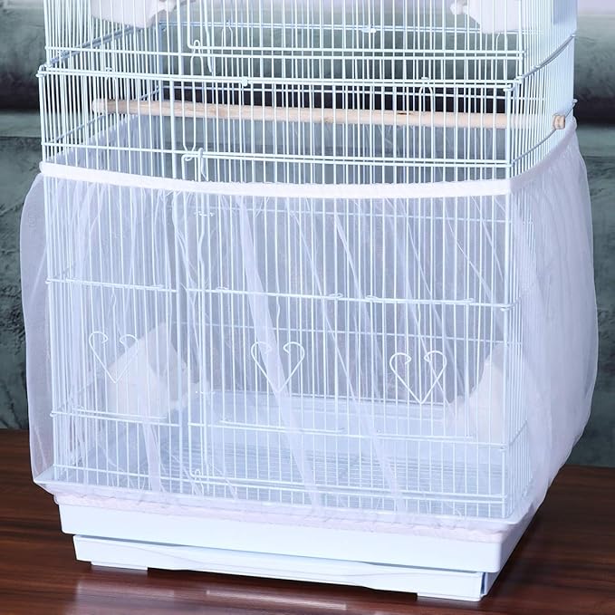 POPETPOP Mesh Bird Cage Skirt - Bird Cage Seed Catcher Net Birdcage Cover - Breathable Bird Cage Cover Shell Skirt for Small Medium and Large Birds - Size L (White)