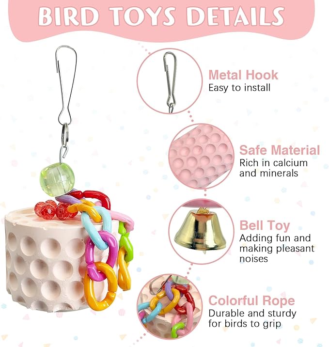 PINVNBY Bird Beak Grinding Stone 2Pcs Bird Chewing Toys Lava Calcium Block with Bell Hanging Parrot Chewing Toy Cage Accessories for Parakeets Conures Cockatiels Budgies Lovebirds