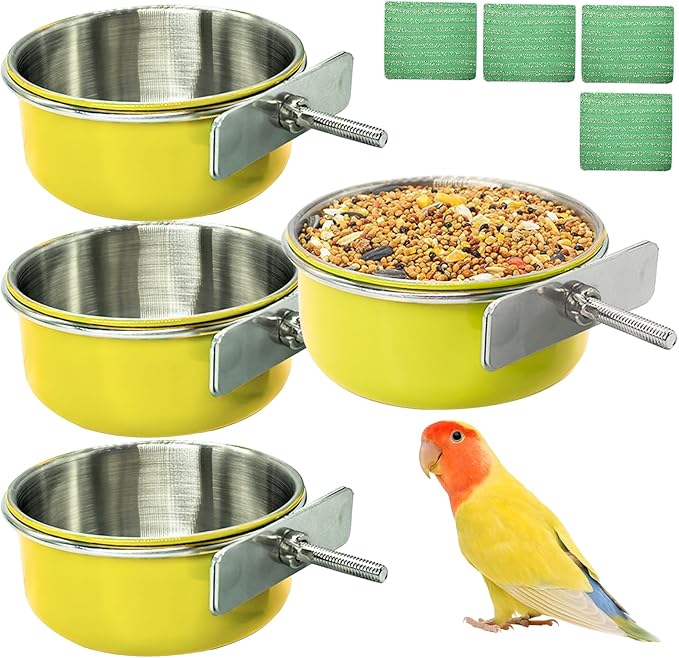 Kathson 4Pcs Stainless Steel Bird Bowls, Parakeet Food Dish Parrot Cage Feeder with Clamp Holder Small Bird Feeding Cup Pet Bird Feeder for Parakeet Cockatiels Conure Budgies Chinchilla Small Animal