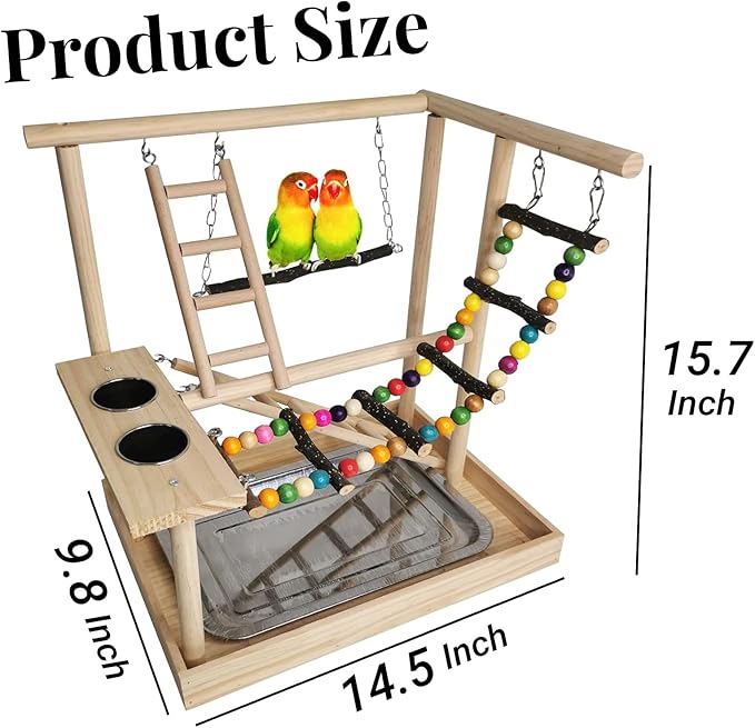 Hamiledyi Parrots Playground Bird Play Gym Wood Perch Stand Colours Climb Ladders Swing Chewing Toys with Parakeet Feeding Cups Exercise Activity Center for Conure Cockatiel Lovebirds(Include a Tray)