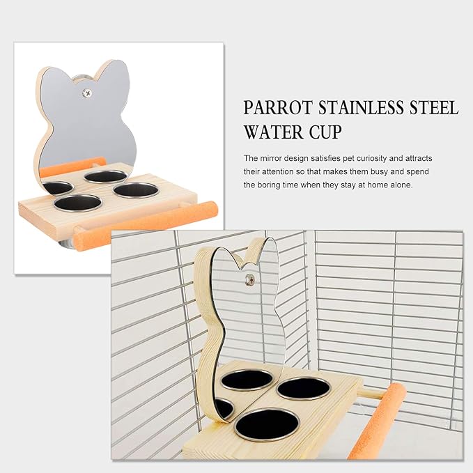 Parrot Mirror with Water Food Bowl or Bird Cage Feeding Wood Holder Cage Accessory Feeding Bowl Parakeet Toys for Parrots, Cockatiels, and Budgies
