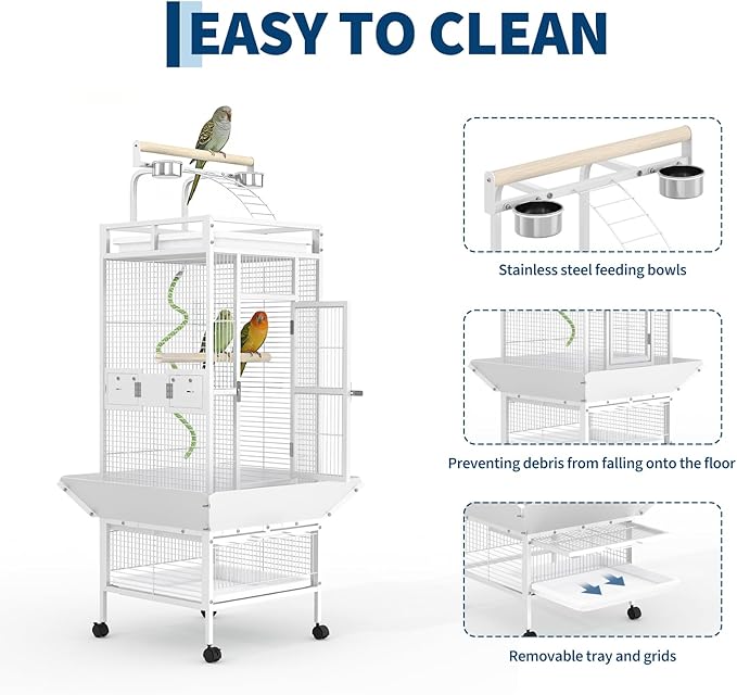 60" h Large Bird Cage, Indoor Parakeet Cage with Playtop, Bird Rope Perche, Heavy Duty Wrought Iron Bird Cage on Wheels for Parrots, Parakeets, Cockatiels, Conures