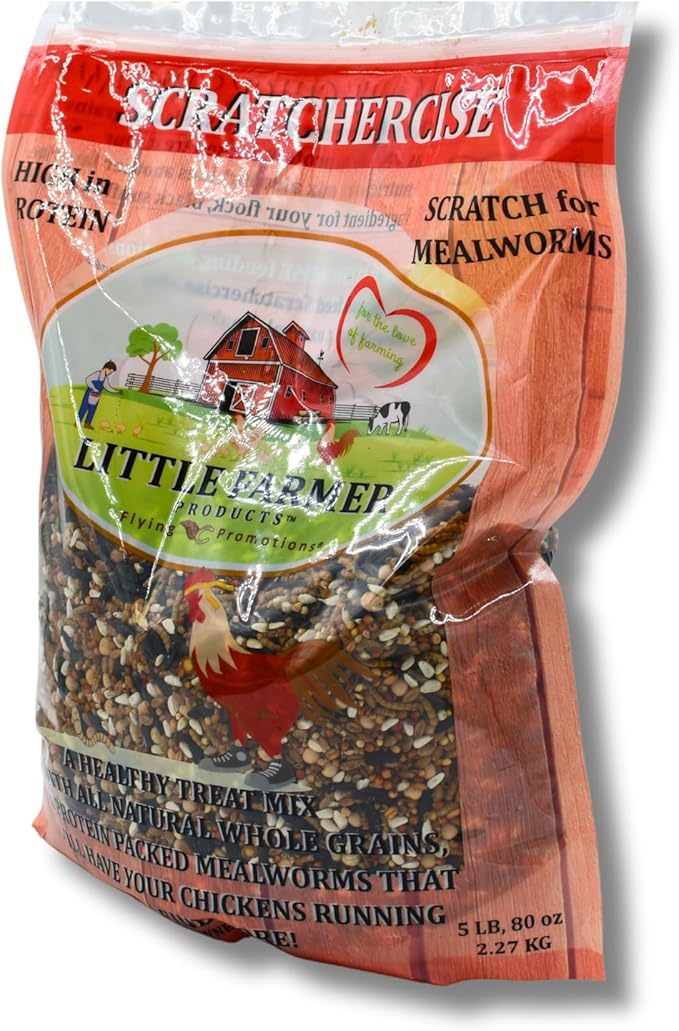 SCRATCHERCISE Premium Chicken Poultry Free-Range Scratch Treat Mix | Wheat, Milo, Peas, Sunflower, Safflower, Flax, Mealworms (5 lbs)