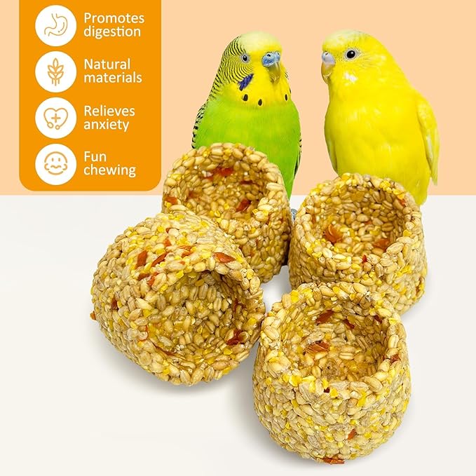 PINVNBY 6 PCS Parrot Treats Natural Oats & Corn Flakes Cockatiel Treats Bowl Shape Budgie Snacks Edible Bird Chewing Toys for Parrots Parakeet Conure Lovebird Finch Canary