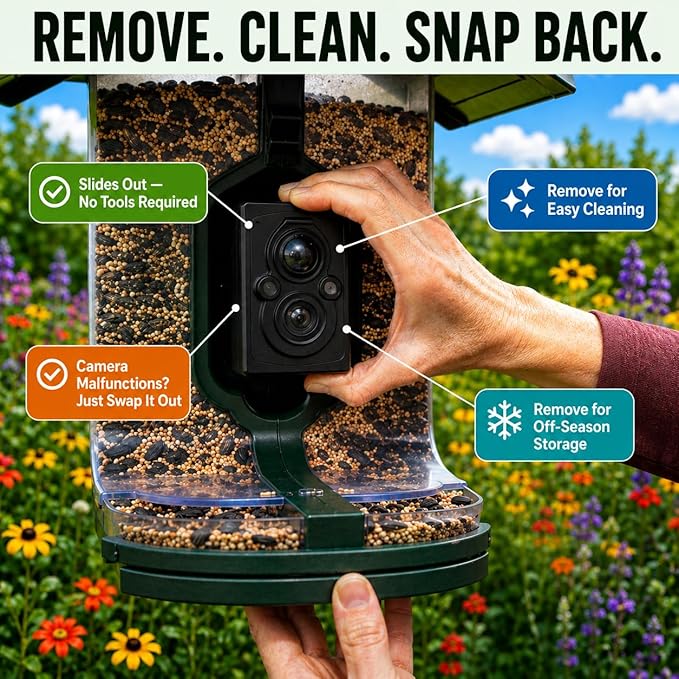 FeatherSnap Smart Bird Feeder with Camera – Solar Powered, AI Bird ID, 1080p HD Night Vision – Pole, 2 Seed Bags, 32GB SD Card & Cleaning Cloth