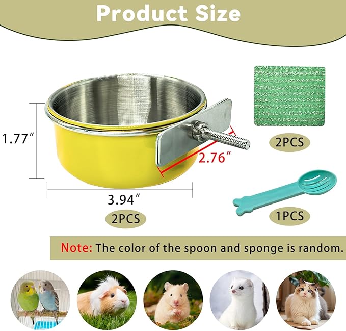 Kathson 2Pcs Stainless Steel Bird Bowls, Parakeet Food Dish Parrot Cage Feeder with Clamp Holder Small Bird Feeding Cup Pet Bird Feeder for Parakeet Cockatiels Conure Budgies Chinchilla Small Animal