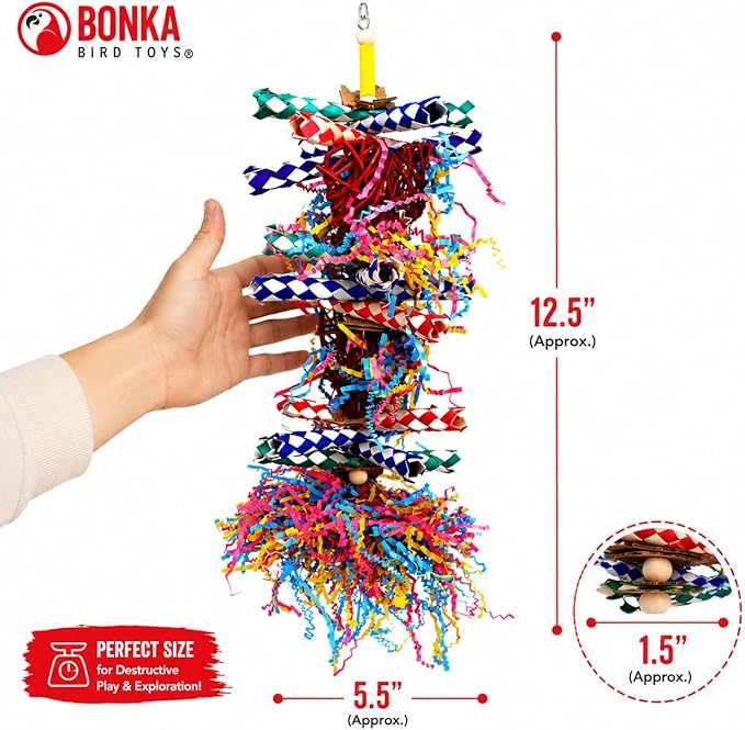Bonka Bird Toys 1042 Huo Foraging Hearts Bird Toy for Medium Large Birds Interactive Shredding and Chewing Cage Toy Colorful Palm Leaf and Paper Enrichment Toy 12.5"