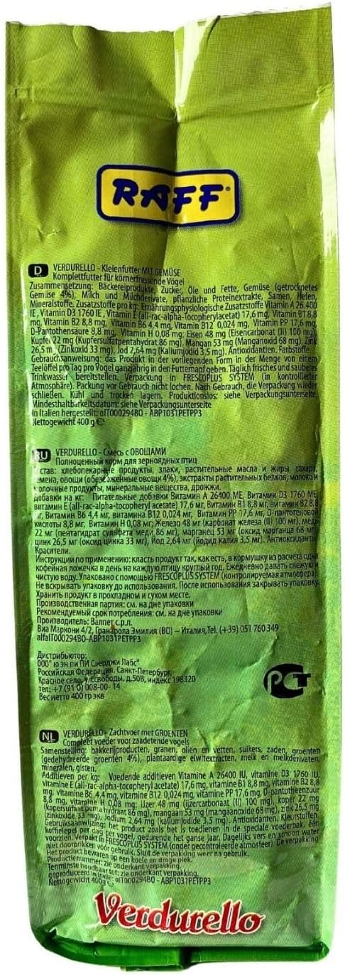 Raff Verdurello 400g - Soft Bird Food with Enriched Egg and Dehydrated Vegetables - Canary & Parakeet Food - Bird Health Supplement for Molting & Feather Growth