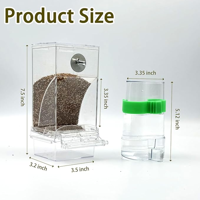 Automatic No Mess Bird Feeder Water Dispenser Set, Acrylic Transparent Parakeet Cage Accessories Bird Feeder and Waterers in Cage for Small and Medium Cockatiels, Finches, Lovebirds