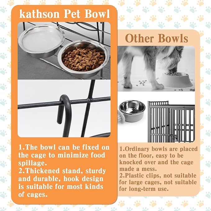 kathson Hanging Bird Bowls for Cage, 2 PCS Stainless Steel Metal Pet Food Water Dishes with Holder Feeder Cage Coop Hook Feeder Cups for Birds, Parrots, Small Sized Dogs and Cats(5.1 Inch Dia)