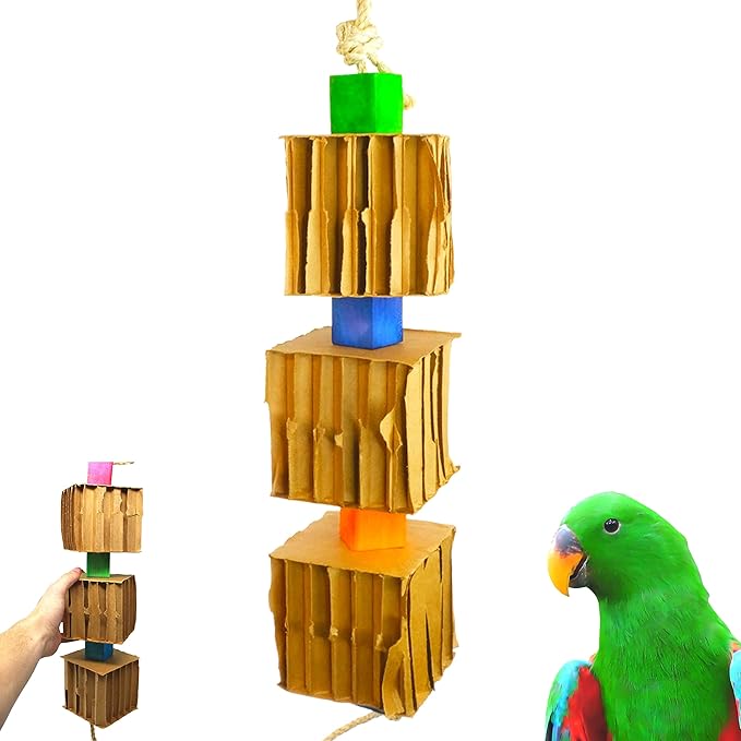 Bonka Bird Toys 3749 Big Trio Blocks N Cube Wooden Chew Toy with Rope and Blocks for Medium to Large Birds Cage Play