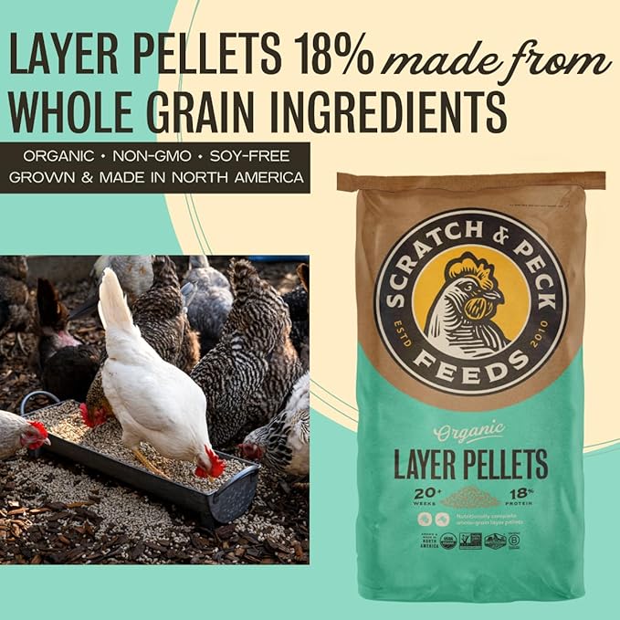 Scratch and Peck Feeds Whole Grain Layer Pellets Chicken and Duck Feed - 25 lbs Bag - Corn-Free and Soy-Free - 18% Protein, Certified Organic and Non-GMO Project Verified