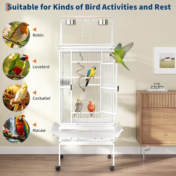 67-Inch Playtop Wrought Iron Large Parrot Bird Cages with Rolling Stand for Cockatiels Parrot Quaker Conure Parakeet Lovebird Canary Small Medium Parrot Cage Birdcage, White