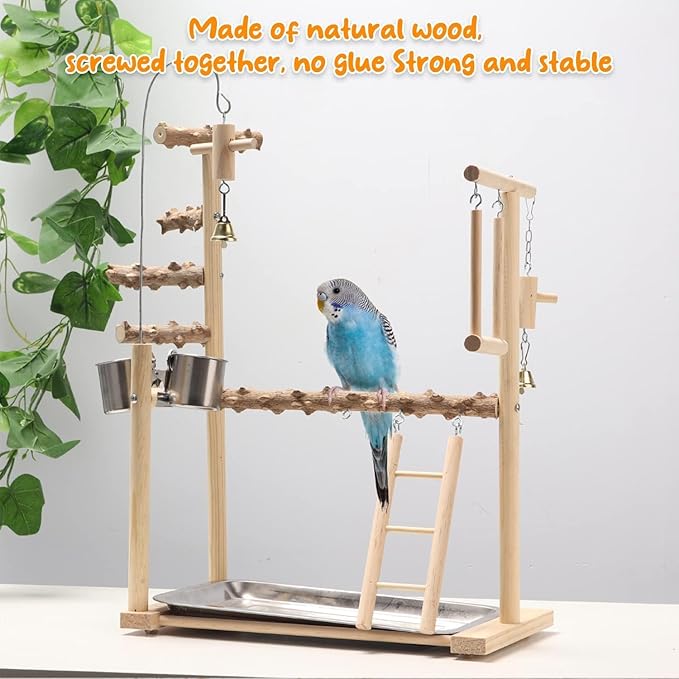 Parrot Bird Playground,Bird Play Gym Wood Perch Stand with Feeder Cups & Tray,Exercise Activity Center with Ladder Swing Bells,Bird Cage Accessories for Lovebirds Cockatiel Parakeet