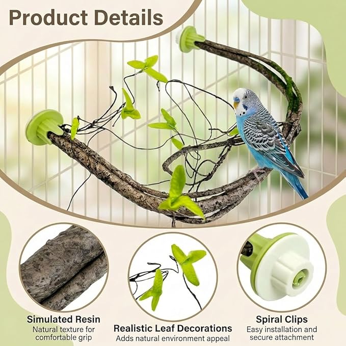 Large Natural Bird Perch for Cage, Bendable Tree Branch Parrot Perch Stand with Leaf Design, Bird Cage Accessories for Macaw, African Grey Parrot, Cockatiel, Cockatoo (Large)