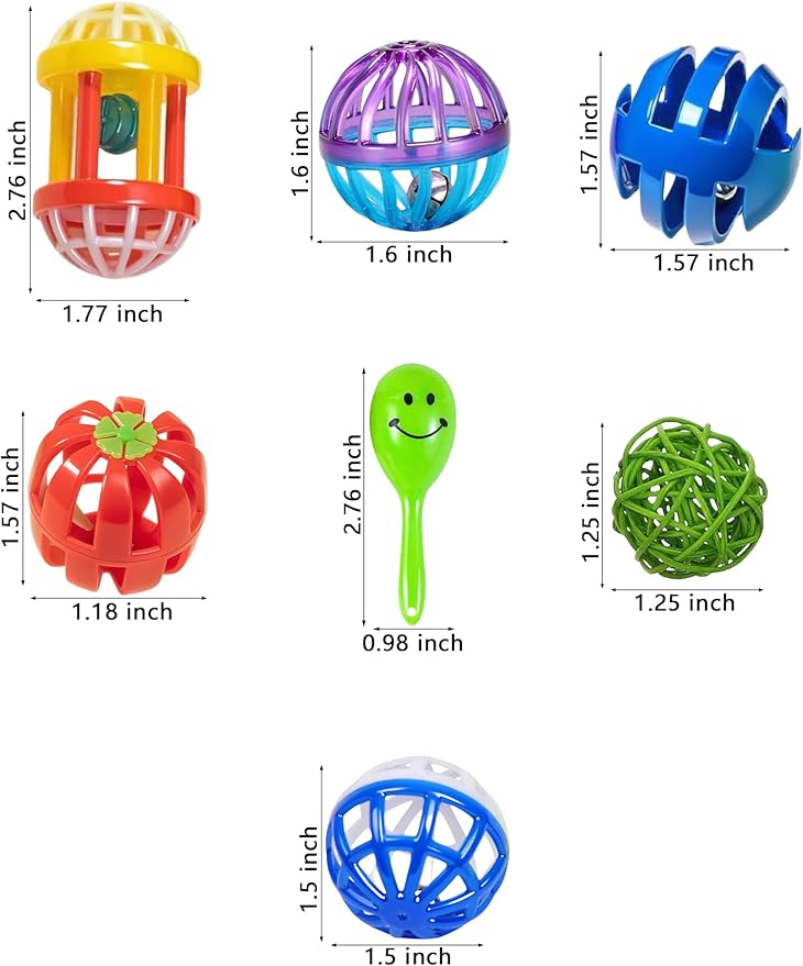 23-Pack Bird Toys for Parrots – Natural Rattan & Plastic Bell Balls – Safe, Fun Cage Decor & Foot Exercise (1.6'' - 2.8'')