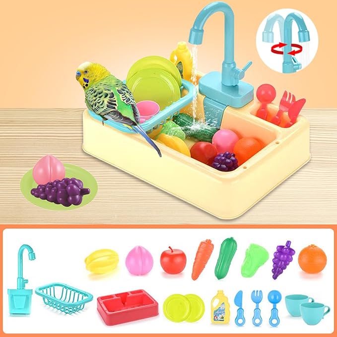 Parrot Bird Bathtub Shower Box Bathing Tub Container Cage, Automatic Pet Bird Bath with Faucet, Ferret Bathtub Swimming Pool Bath Shower Water Dispenser for Small Medium Parakeet Cleaning (Yellow)