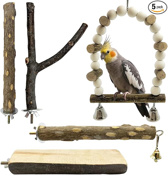 5Pcs Natural Wooden Bird Perch Set – Parrot Perch Toys, Bird Cage Perches, Cage Accessories for Budgies, Cockatiels, Lovebirds, Finches, and Other Small to Medium Birds