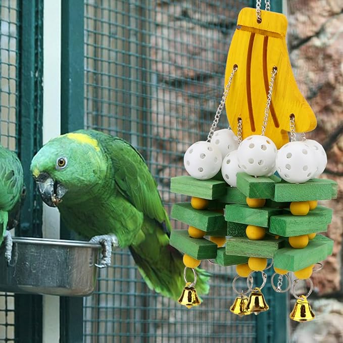 Hypeety Large Parrot Hanging Swing Toy Bells Chew Toy Colorful Hanging Wood Block Parrot Macaw African Greys Cockatiels Budgies Conure Banana Shape Natural Birds Cage Hanging Toy