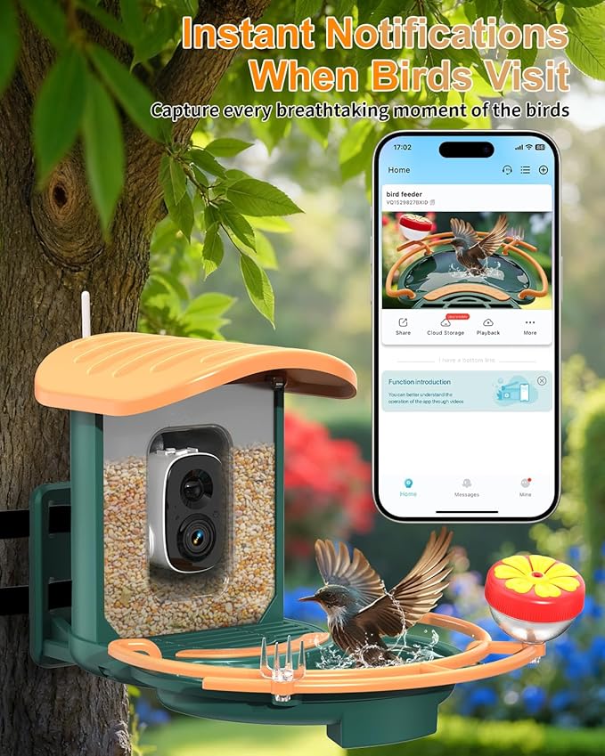 Bird Feeder with Camera, 2K HD Camera Birds Feeder with AI Bird Recognition, Solar Powered Smart Birdfeeder with Bath, App Control, Color Night Vision, Gift Box Package, Easy Install