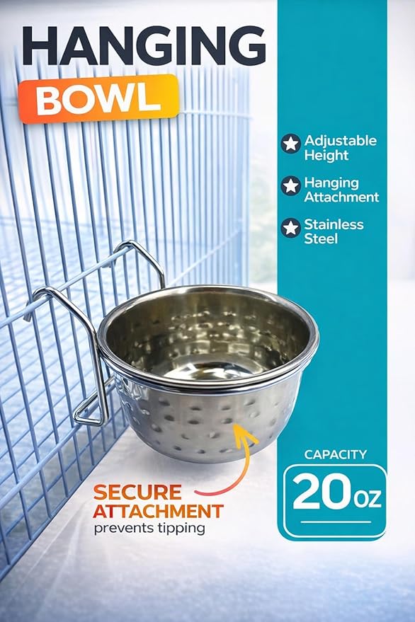 Stainless Steel Coop Cup with Hanger, None Spill Crate Water Bowl, Food Dish for Cage, Rabbit, Cats, Birds, Chicken, Reptiles. (20)