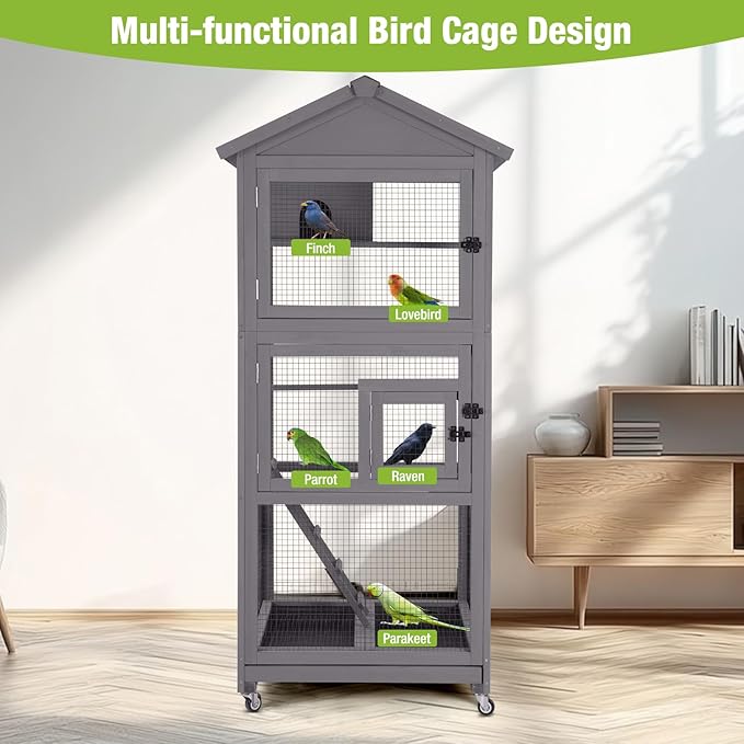 GUTINNEEN Bird Cage Outdoor Wooden Aviary Indoor, 70" H Large Parrot Cage with 4 Casters, Flight Bird Cages for Parrot Lovebirds Finches(Grey)