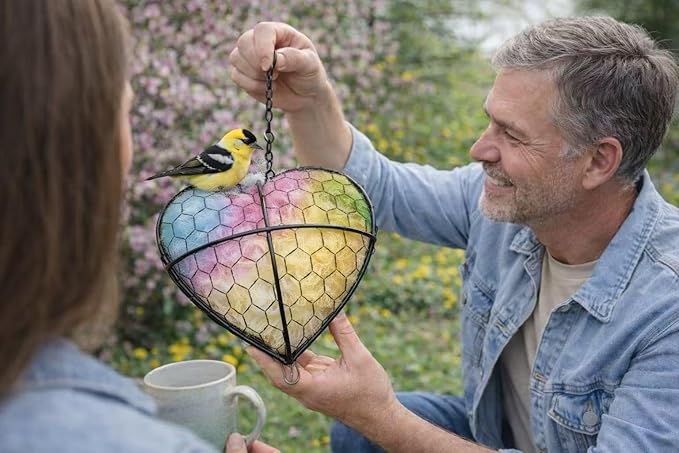 Handmade Alpaca Fiber Heart Bird Nesting Holder for Garden Birds — Cozy Outdoor Gift-Pastel