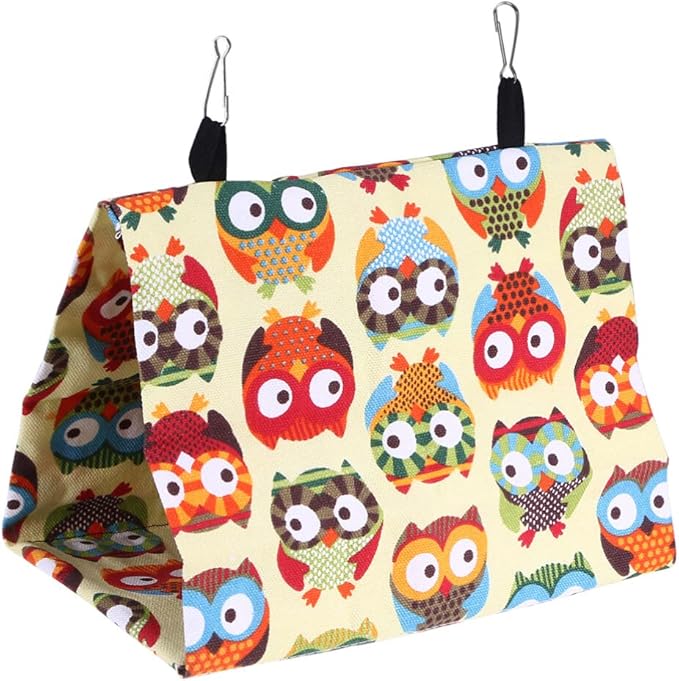 ULTECHNOVO Parrot Nest, Bird Nest Hut Hanging Parrot Sleep Nest Tent Canvas Triangle Habitat Cave Owl Printing Pattern for Parrot Parakeet Cockatiels Pet Animal- L