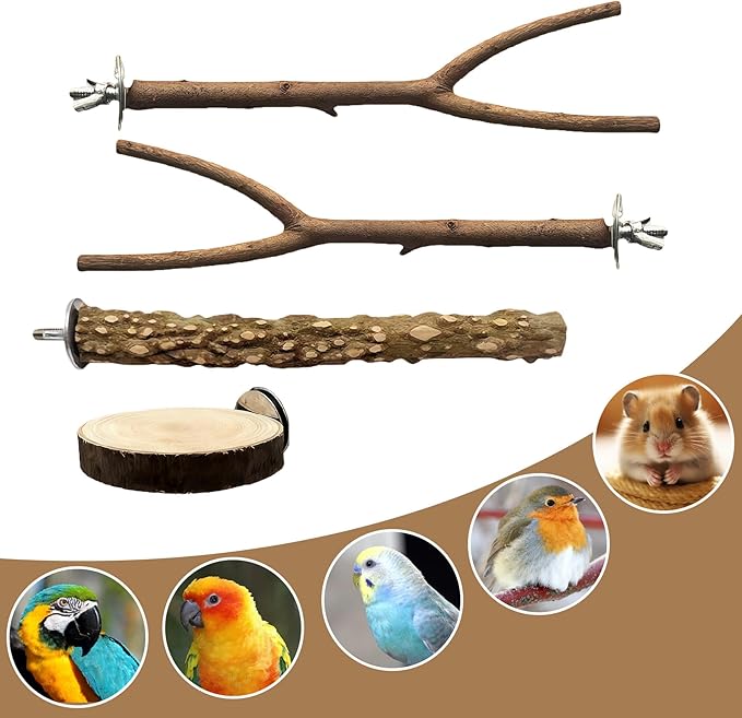 Bird Cage Stand Perches - 4pcs Natural Birds Hanging Wood Platform Multi-Branch Perches for Macaws Conures Budgies Parakeets Parrot Cage Accessories