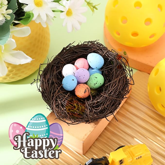 Simgoing 12 Pcs Birds Nests with 100 Pcs Easter Eggs, Mini Artificial Bird Nest for Crafts, Easter, Party, Wedding, Faux Rattan Nest Decorating(3.9 Inch)