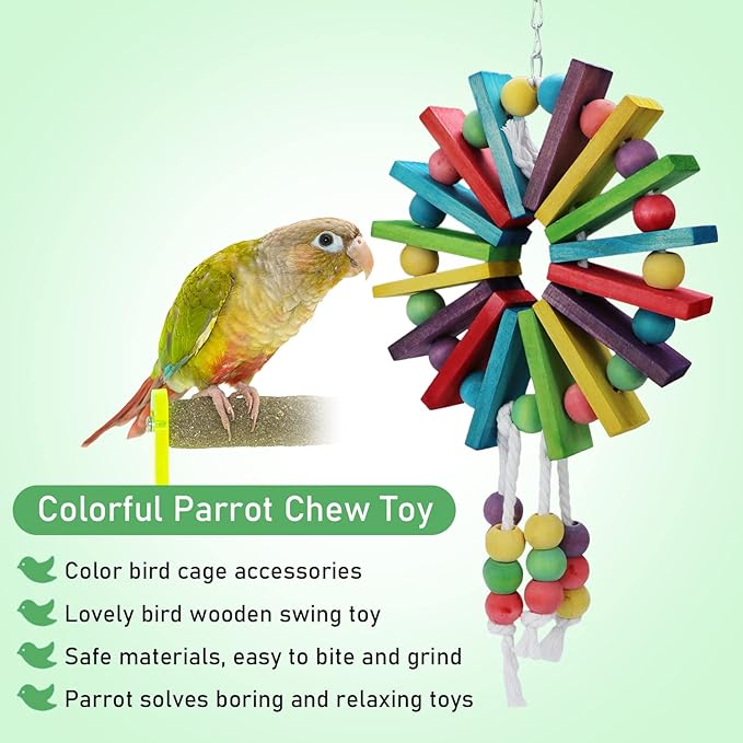 Litewoo Parrot Hanging Chew Toy Bird Bite Swing with Colorful Wood Beads Bells for Parrot Macaw African Greys Cockatiels Cage Accessories (Colorful Wood Toy)