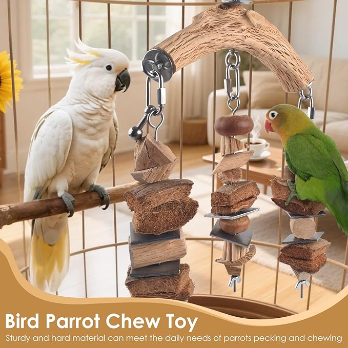 DBNESS Bird Parrot Toys, Hanging Medium Large Birds Wooden Chew Blocks with Stainless Steel Natural Chewing Cage Bite Toy for Macaws African Greys Cokatoos Amazon Parrots Similar Sized Pet Parrots