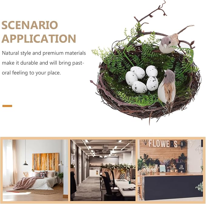 NUOBESTY 1 Set Artificial Bird Nest with 5 Simulation Eggs, Decorative Rattan Nest Ornament for Garden Patio Balcony Home Crafting
