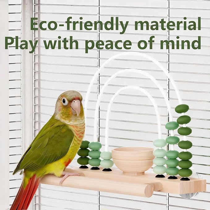 Natural Wooden Bird Toy Interactive Foraging Toy with Removable Treat Box Abacus Beads Puzzle Toy Cage Accessories for Cockatiel Budgie and Small to Medium Parrots (Gradient Green)