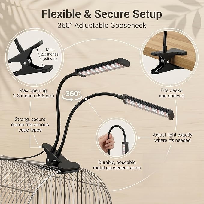 Bird Health Cage Supplementary Light with Full-Spectrum LED Pet Light, Intelligently Timing to Help Synthesize Vitamin D3 and Promote Calcium Absorption