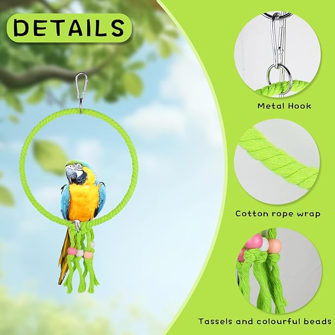 Bird Swing, 20 CM Diameter Hanging Parrot Swing with Colourful Beads, Swing Parrot Toys Cotton Rope Ring Bird Cage Toys for Budgie, Cockatiel, Canary, Parakeet, Finch (Green)