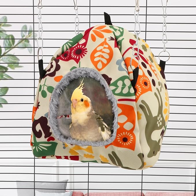 Bird Plush Hammock Parrot Hanging Snuggle Cave Happy Hut Tent for Parakeet Cockatiel Conure Lovebird Budgie Hamster Gerbil Rat Chinchilla Squirrel Cage (M, Beige Pattern)