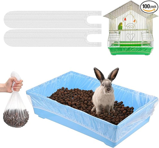 M METERXITY 100-Pack Disposable Cage Liner 28" x 20", Small Animal Clear Plastic Rabbit Bird Cage Liner Bag, Toilet Tray Replacement Universal Film ForParrot/Guinea Pig/Hamster Litter Box