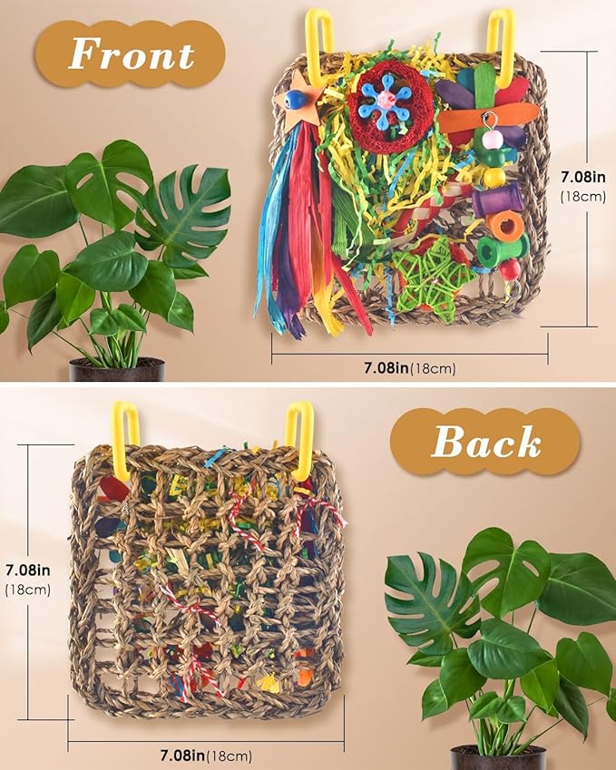 ERKOON Cockatiel Toys, Budgie Toys Foraging Toy Hanging Bird Toy for Lovebrid Parakeets Conures Parrot Foraging Wall with Colorful for Birds Shredding Seagrass, Birds Cage Accessories-2 Pack