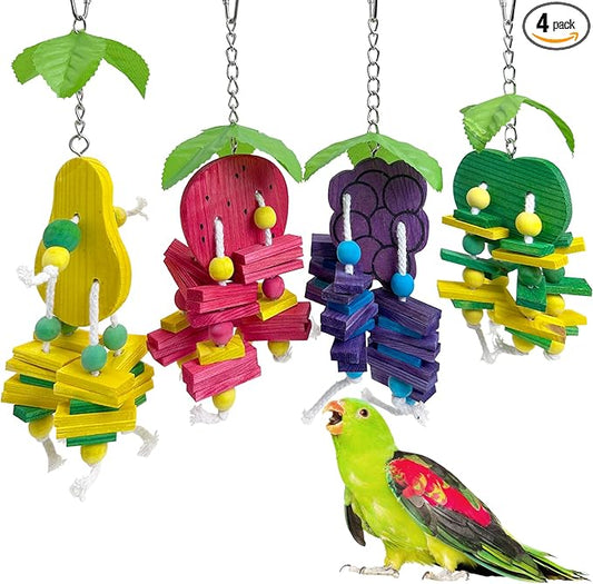 Hamiledyi Natural Wood Block Bird Cage Toys Parrot Chewing Toy Apple&Grape&Pear&Strawberry Shaped Hanging Foraging Toy for Small&Medium Birds Parakeets Cockatiels,4pcs
