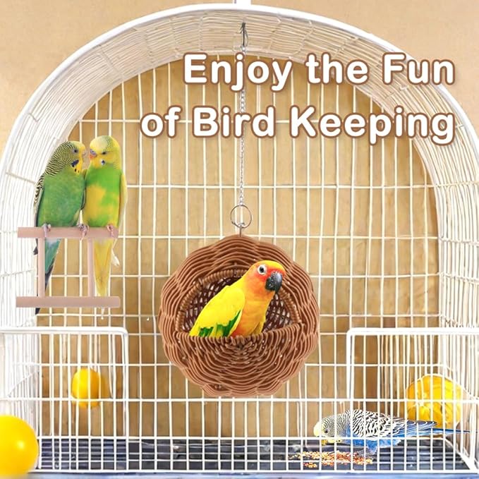 VTurboWay Rattan Bird Nest with Swing Chew Resistant Hammock Style Nest House Parrot Egg Laying and Breeding Nest for Parrots Cockatiels Budgerigars Finches Canaries