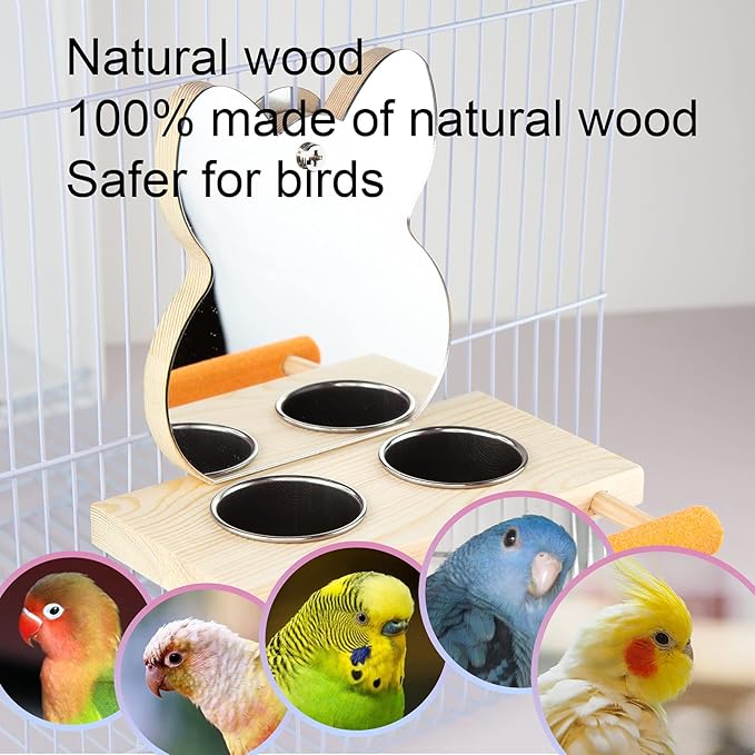 Parrot Mirror Toy with Stainless Steel Feeding Cups Bird Wooden Frames with Cage Perch for Small Parakeets, Cockatiels, Conures, Finches,Budgie,Macaws, Parrots, Love Birds