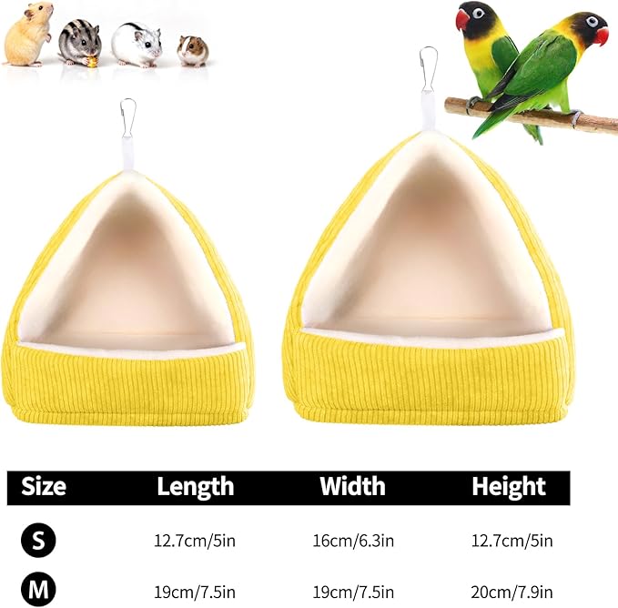 Winter Warm Bird Bed for Cage with Soft Plush Hanging Hammock & Hut Tent, Hideaway Sleeping Nest for Budgies, Cockatiels, Small Animals, and Guinea Pig Hideouts (Yellow, S)