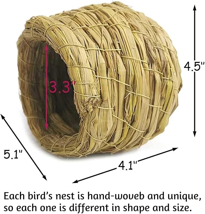 kathson 4PCS Straw Bird Nest Natural Fiber Birdcage Birdhouse Parrot Hideaway Shelter Hut Parakeet Perch Hanging Bell Toys for Small Finch Canary Lovebird Resting Breeding Playing