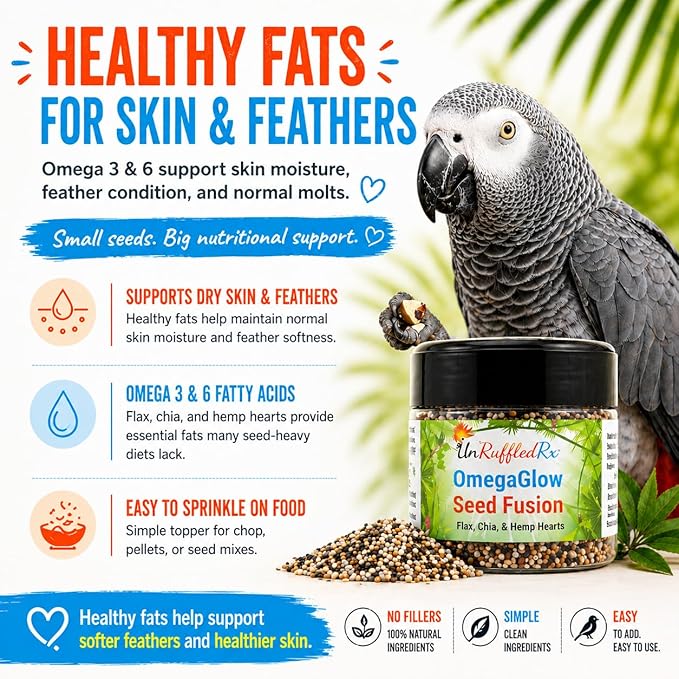 UnRuffledRx™ OmegaGlow for Birds – Raw, Natural Seed Blend for Feather Growth & Molting Support – Skin & Immune Health with Chia, Flax & Hemp Seeds – Helps Reduce Plucking – 2 oz Shaker Jar