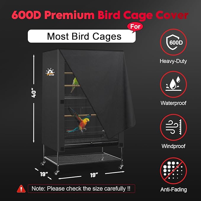 Zettum Bird Cage Cover - 600D Bird Cage Covers for Night Heavy Duty & Waterproof, Fade-Resistant Pet Bird Cage Cover Accessory for Parakeet, Parrot, Cockatiel and More Finches - 19 x 19 x 40 Inch