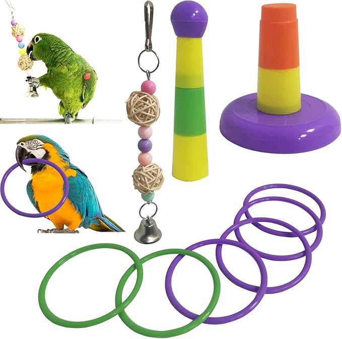 kathson 5PCS Bird Hides Coconut Nest with Ladder Perches Hanging Parrot House Cage Natural Coconut Fiber Parakeet Chewing Toys Intelligence Training Rings for Small Budgies Cockatiels