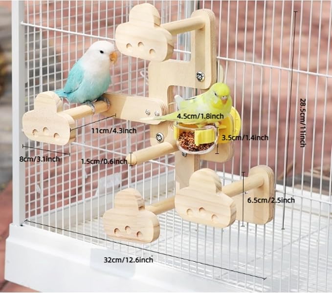 Wooden Playground with 5 Perches for Parrots, Bird Cage Accessories Wooden Playing Gyms Exercise Sturdy for Lovebird Budgie Conure Cockatiel Quaker Caique Small to Medium Parrots