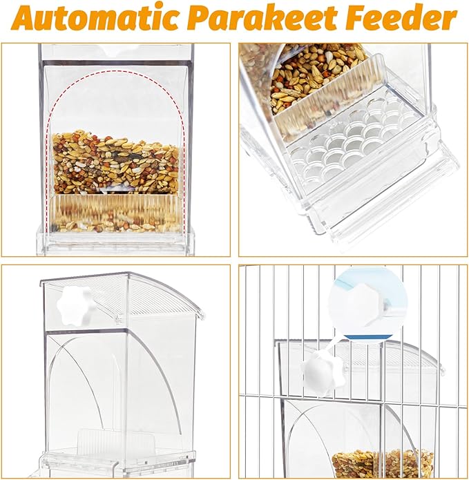 BNOSDM No Mess Bird Feeder Water Dispenser Set Automatic Parrot Feeder Drinker Transparent Food Container 3 Pcs Parakeet Cage Accessories for Cockatiel, Budgies, Conure, Lovebird, Finch (Transparent)